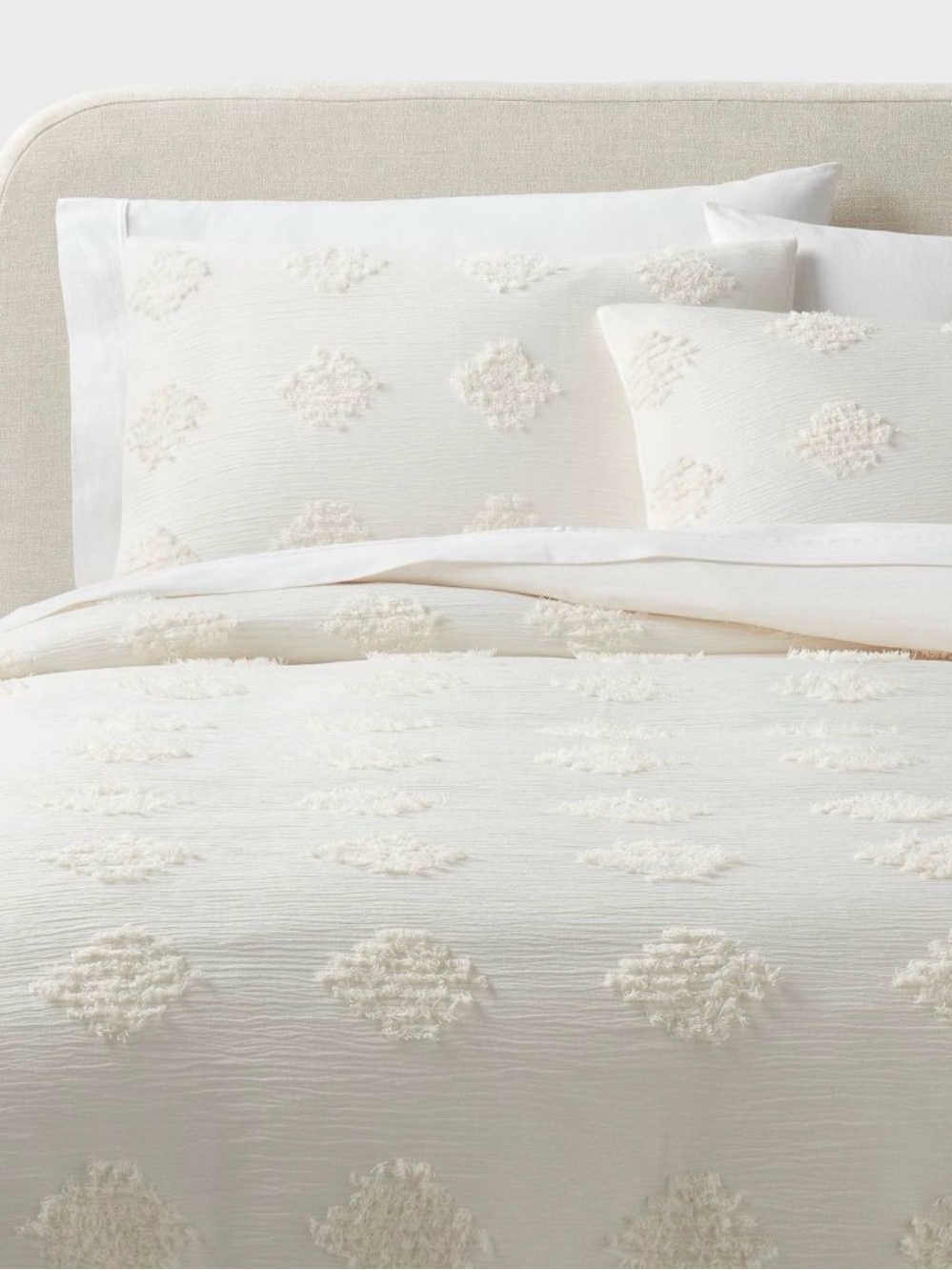 King Tufted Diamond Crinkle Duvet Cover Set Cream